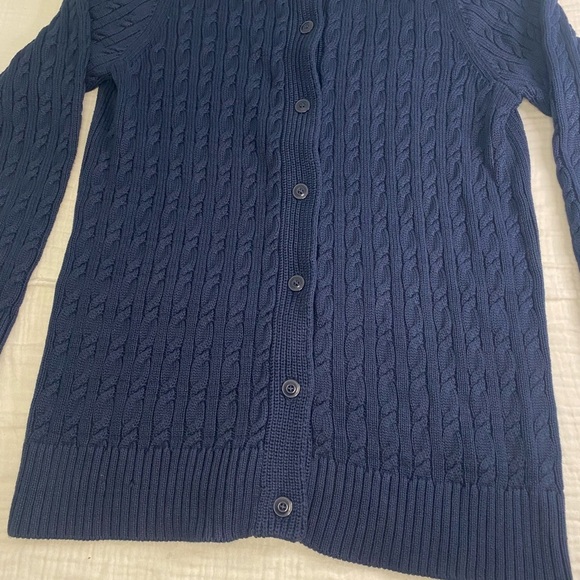 LL Bean Double Cable Knit Button Up Cardigan Sweater Size Large Navy Blue - Picture 3 of 16
